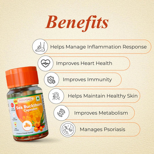 Patanjali Sea Buckthorn Oil Capsules Pack of 1 (30 Softgels) | Rich in Rare Omega 7 | For Glowing Skin & Immunity | 15 Days Supply