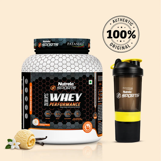 Patanjali Nutrela Sports Whey Vanilla Ice Cream - 2KG | 24g Protein per Scoop with Vitamins, Herbs & BCAAs | Premium Swadeshi Muscle Fuel + FREE SHAKER
