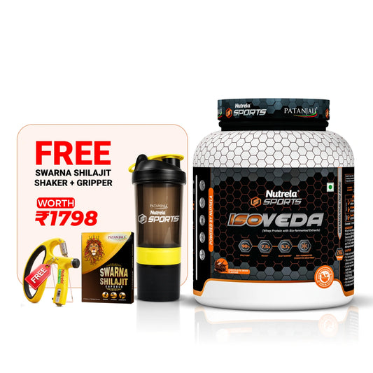 Patanjali Nutrela Sports 100% Isoveda Protein Chocolate 2KG + FREE Swarna Bhasma Shilajit + Hand Gripper + Shaker