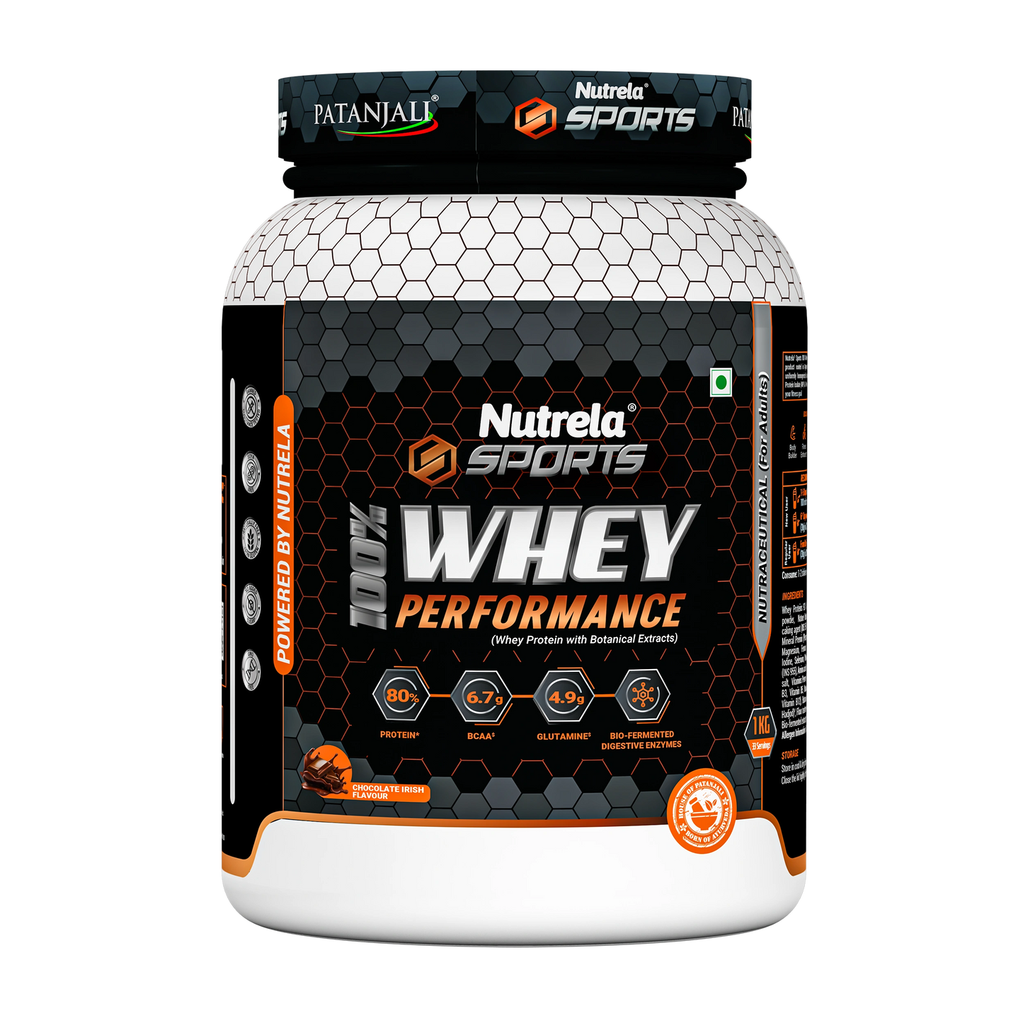 Patanjali Nutrela Sports 100% Whey Performance 1KG – Chocolate Irish Flavour | 24g Protein per Scoop | Premium Swadeshi Nutrition