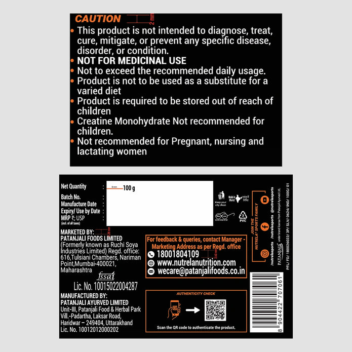 Patanjali Nutrela Sports Creatine Monohydrate – 100g | Swadeshi Pure Micronized Creatine for Strength & Muscle Power