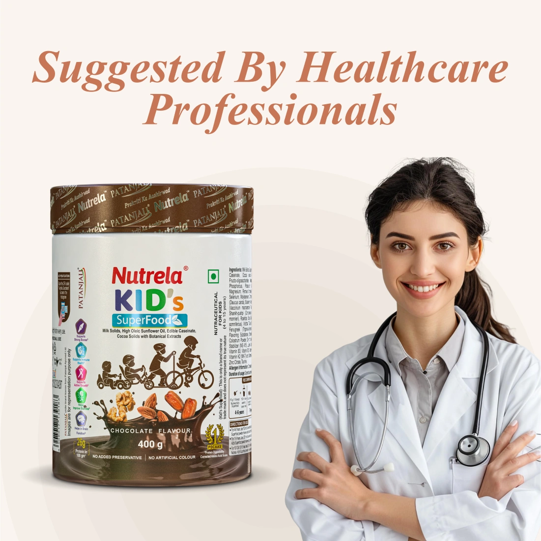 Patanjali Nutrela Kid’s Superfood 400g | Health Drink with Milk, Protein, Vitamins | Nutrition Powder for Kids 4–12 Years | Chocolate Milk Mix 400g