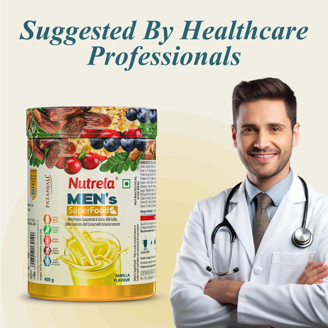 Patanjali Nutrela Men’s Superfood 400g X (Pack of 2) | Protein, Vitamins & Minerals Daily Nutrition Supplement for Men