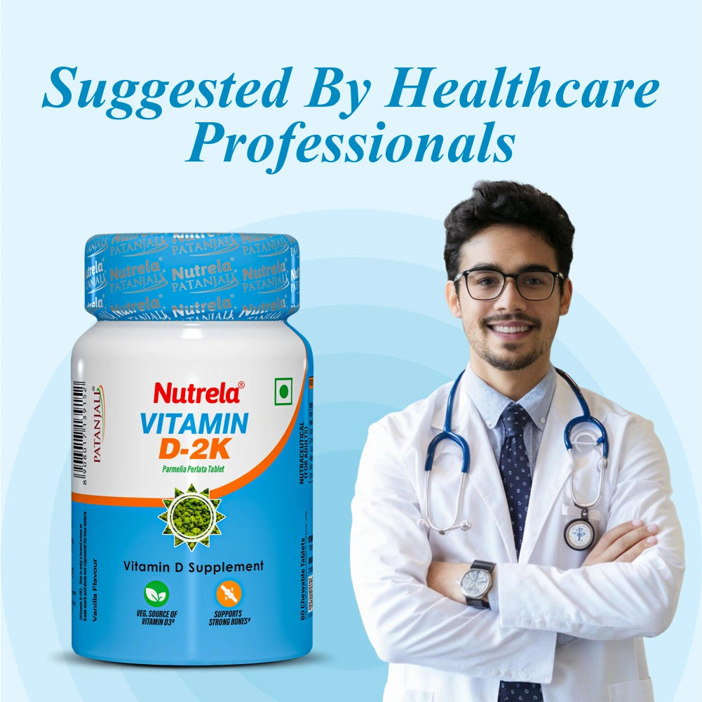 Patanjali Nutrela Vitamin D2K | Bone Strength & Immunity Support | Chewable 60 Tablets | Vanilla Flavour