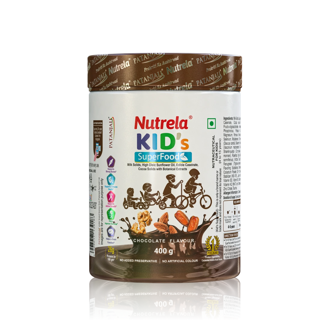 Patanjali Nutrela Kid’s Superfood 400g | Health Drink with Milk, Protein, Vitamins | Nutrition Powder for Kids 4–12 Years | Chocolate Milk Mix 400g