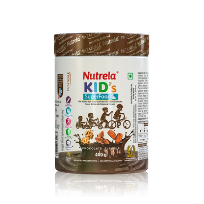 Patanjali Nutrela Kid’s Superfood 400g | Health Drink with Milk, Protein, Vitamins | Nutrition Powder for Kids 4–12 Years | Chocolate Milk Mix 400g