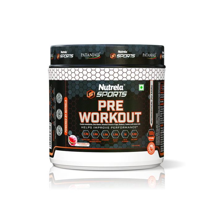 Patanjali Nutrela Sports Pre-Workout Watermelon 300g | Swadeshi Clean Performance Booster with Creatine & BCAAs