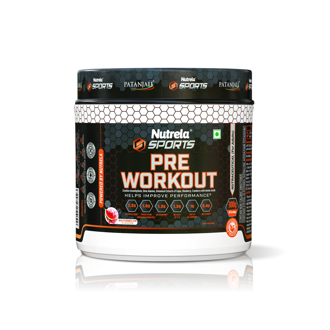 Patanjali Nutrela Sports Pre-Workout Watermelon 300g | Swadeshi Clean Performance Booster with Creatine & BCAAs