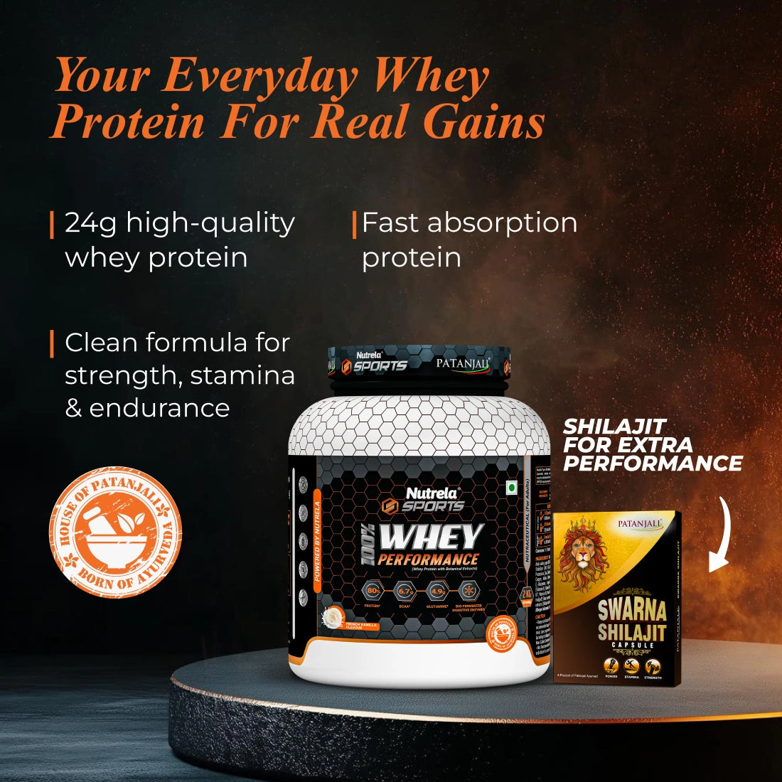 Patanjali Nutrela Sports 100% Whey Protein Chocolate 2KG + FREE Swarna Bhasma Shilajit