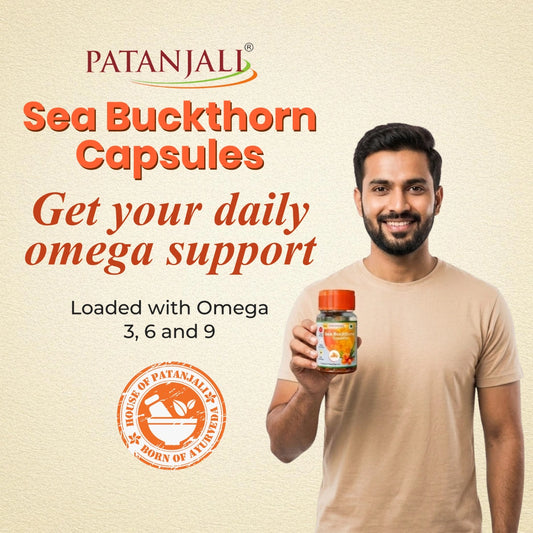Patanjali Sea Buckthorn Oil Capsules Pack of 2 (60 Softgels) | Antioxidant & Omega 3,6,7,9 Supplement | 1 Month Supply