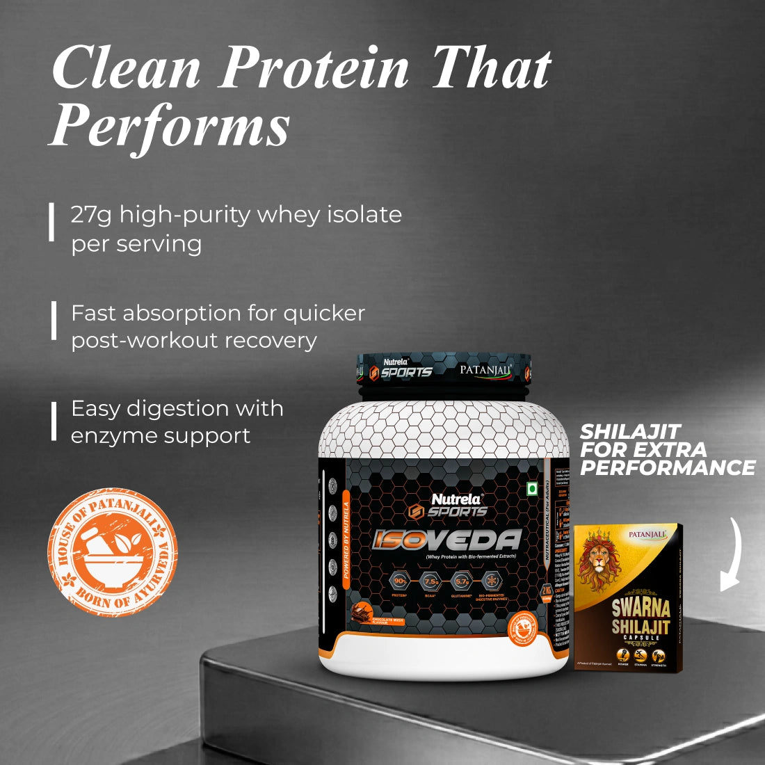 Patanjali Nutrela Sports 100% Isoveda Protein Chocolate 2KG + FREE Swarna Bhasma Shilajit  + Hand Gripper + Shaker