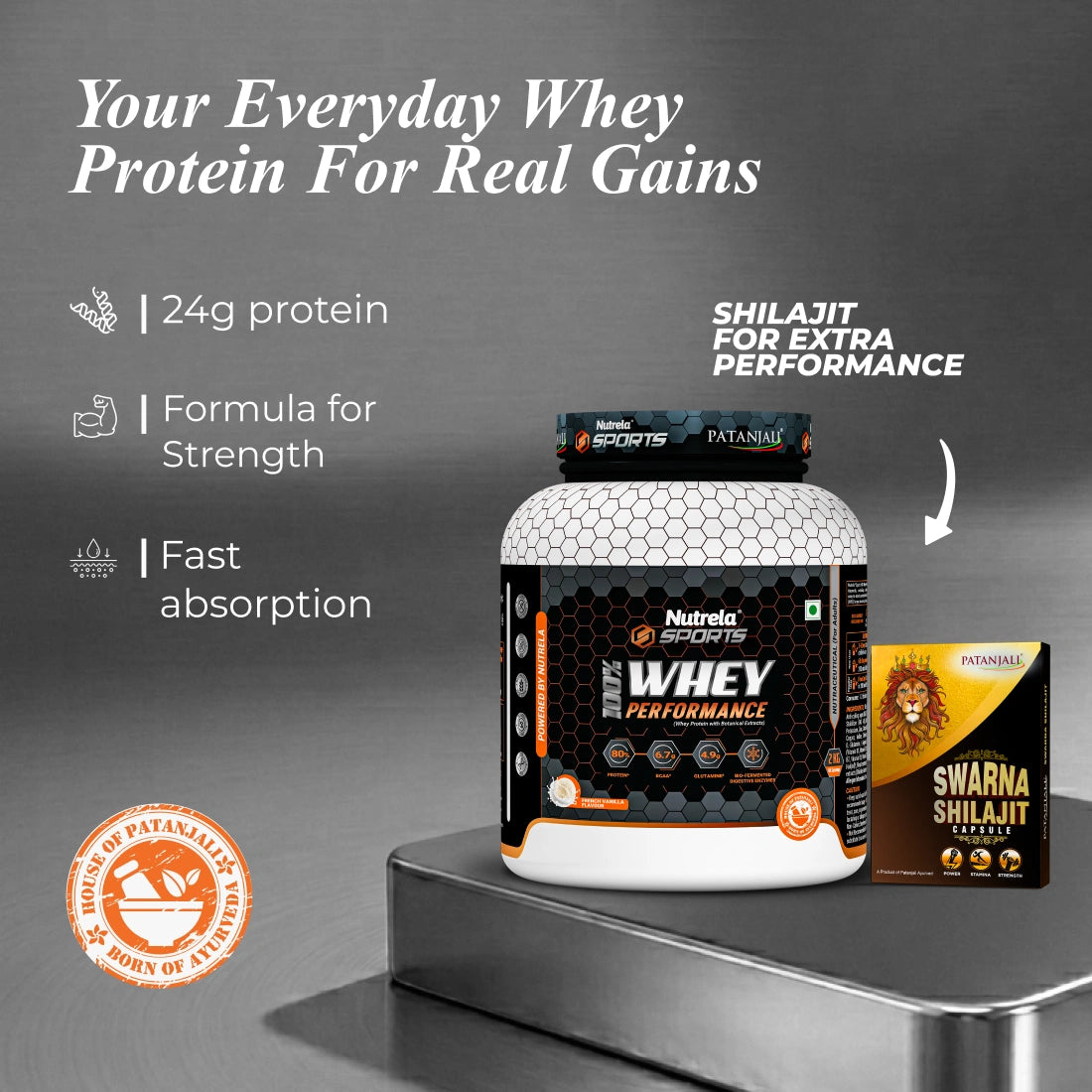 Patanjali Nutrela Sports 100% Whey Protein Chocolate 2KG + FREE Swarna Bhasma Shilajit + (Hand Gripper + Shaker)
