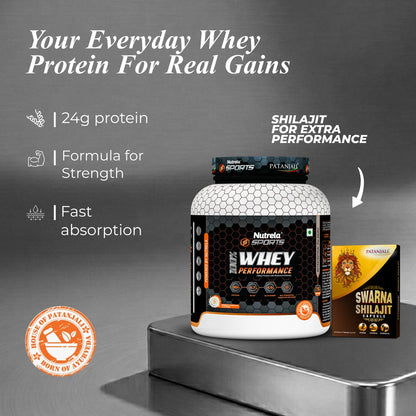 Patanjali Nutrela Sports 100% Whey Protein Chocolate 2KG + FREE Swarna Bhasma Shilajit + (Hand Gripper + Shaker)