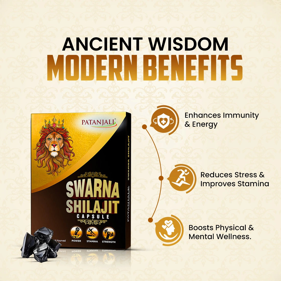Patanjali Shilajit Capsules with Ashwagandha & Herbs | Ayurvedic Energy Supplement | Daily Wellness & Active Lifestyle