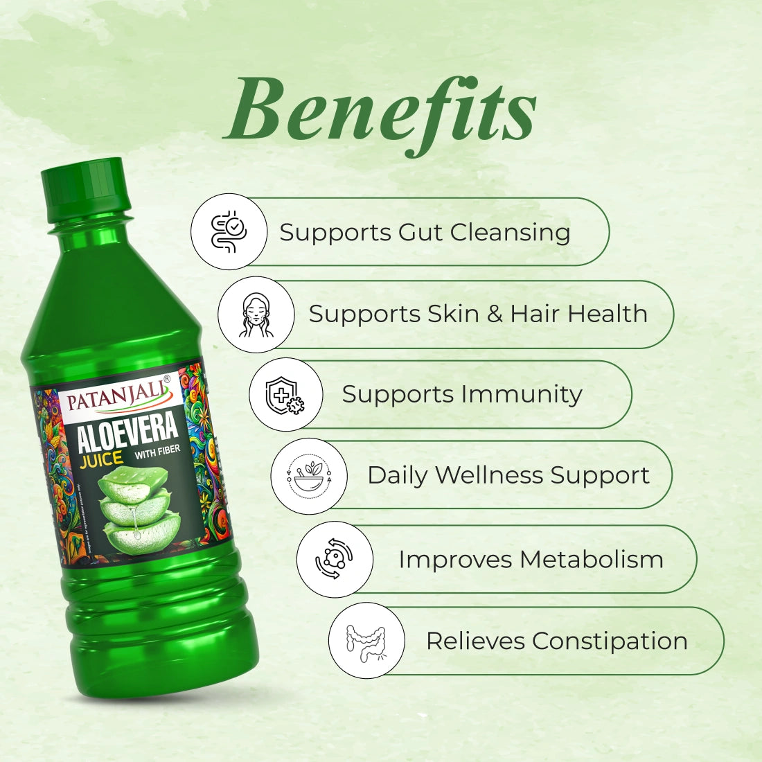 Patanjali Aloe Vera Juice with Fiber for Digestion & Detox | Gut Health Drink | 1L