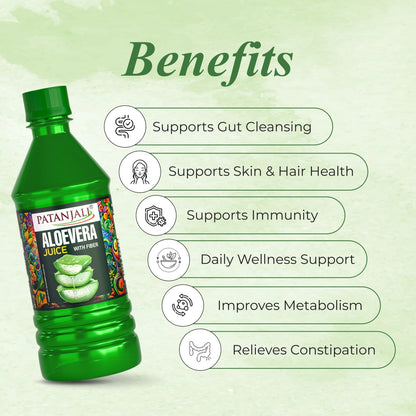 Patanjali Aloe Vera Juice with Fiber for Digestion & Detox | Gut Health Drink | 1L