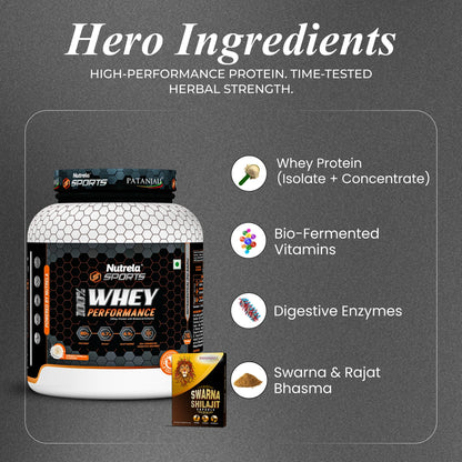 Patanjali Nutrela Sports 100% Whey Protein Chocolate 2KG + FREE Swarna Bhasma Shilajit + (Hand Gripper + Shaker)