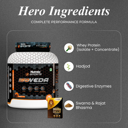 Patanjali Nutrela Sports 100% Isoveda Protein Chocolate 2KG + FREE Swarna Bhasma Shilajit  + Hand Gripper + Shaker