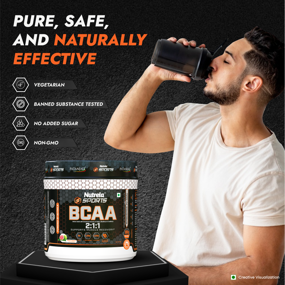 Patanjali Nutrela Sports BCAA 2:1:1 – Spicy Guava (300g) | Swadeshi Muscle Recovery Amino Blend
