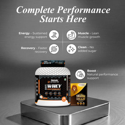 Patanjali Nutrela Sports 100% Whey Protein Chocolate 2KG + FREE Swarna Bhasma Shilajit + (Hand Gripper + Shaker)