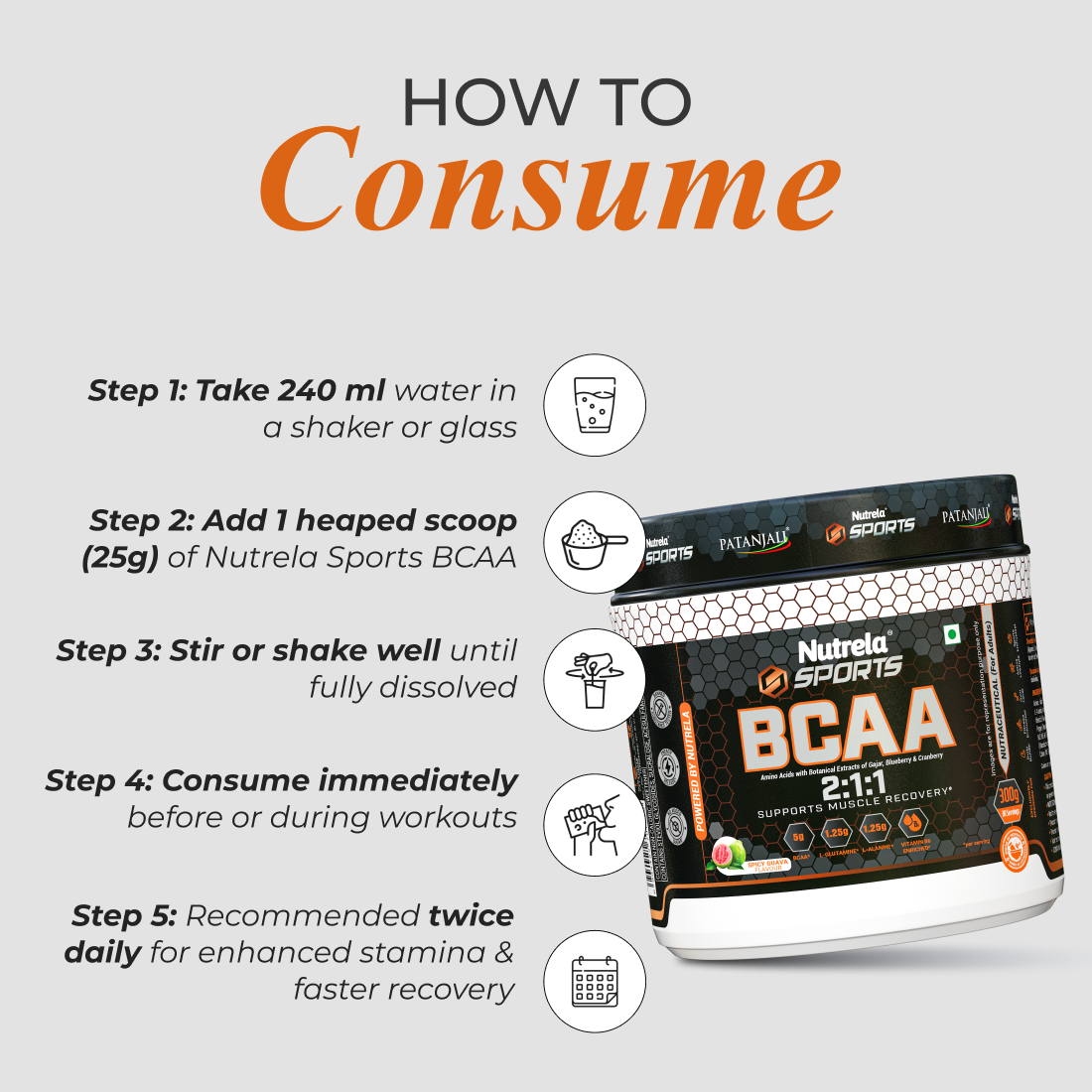 Patanjali Nutrela Sports BCAA 2:1:1 – Watermelon (300g) | Swadeshi Intra-Workout Amino Fuel for Strength & Endurance