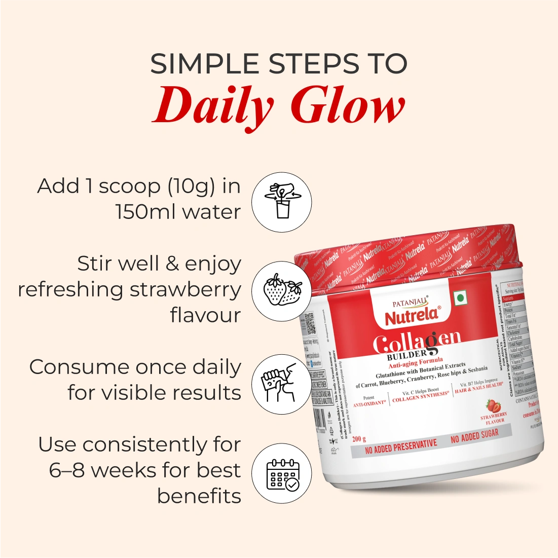(Exp: 21st Aug 26) Patanjali Nutrela Collagen Builder Powder | Skin Strength and Elasticity Nutrition | Plant Based & 100% Veg | Swadeshi Skin Repair Formula | 200g