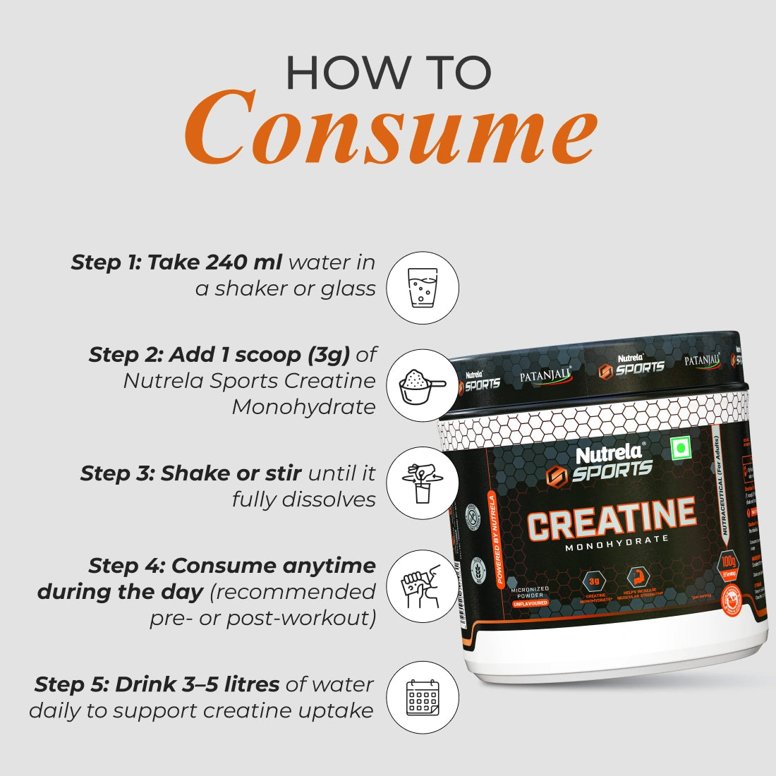 Patanjali Nutrela Sports Creatine Monohydrate – 100g | Swadeshi Pure Micronized Creatine for Strength & Muscle Power