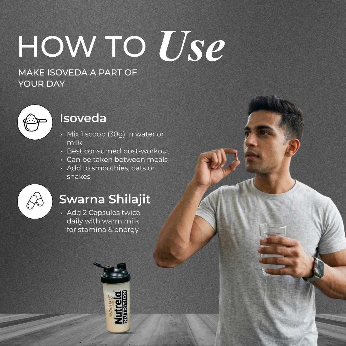 Patanjali Nutrela Sports 100% Isoveda Protein Chocolate 2KG + FREE Swarna Bhasma Shilajit  + Hand Gripper + Shaker