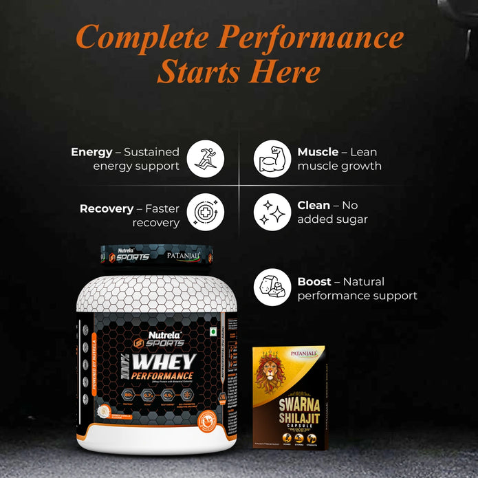 Patanjali Nutrela Sports 100% Whey Protein Chocolate 2KG + FREE Swarna Bhasma Shilajit