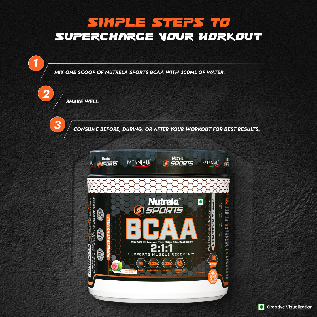 Patanjali Nutrela Sports BCAA 2:1:1 – Spicy Guava (300g) | Swadeshi Muscle Recovery Amino Blend