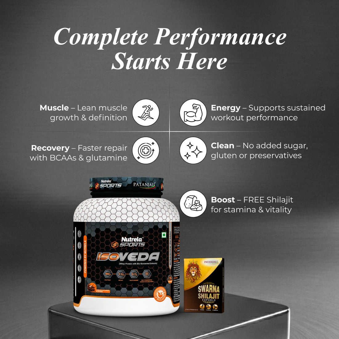 Patanjali Nutrela Sports 100% Isoveda Protein Chocolate 2KG + FREE Swarna Bhasma Shilajit  + Hand Gripper + Shaker