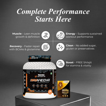 Patanjali Nutrela Sports 100% Isoveda Protein Chocolate 2KG + FREE Swarna Bhasma Shilajit  + Hand Gripper + Shaker