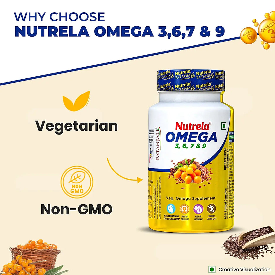 Patanjali Nutrela Omega 3 6 7 & 9 - 60 Capsules (Pack of 1)