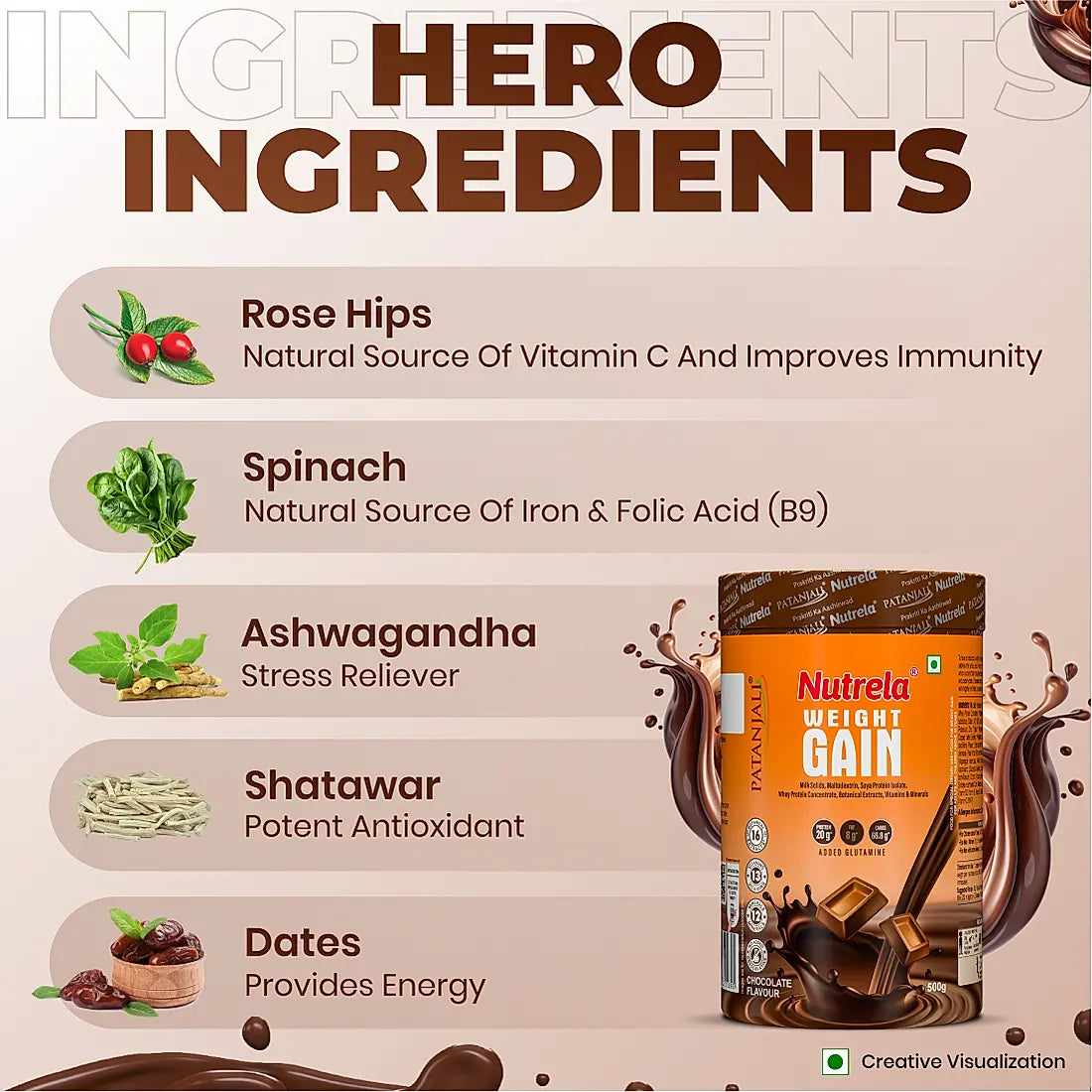 Patanjali Nutrela Weight Gain - Chocolate Flavour - 500g + FREE Shaker