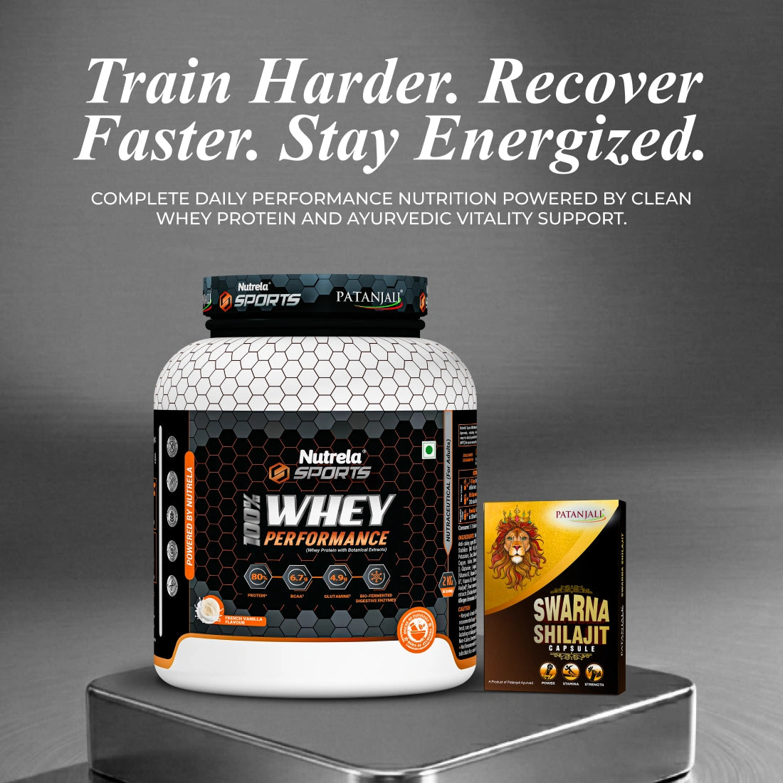 Patanjali Nutrela Sports 100% Whey Protein Chocolate 2KG + FREE Swarna Bhasma Shilajit + (Hand Gripper + Shaker)
