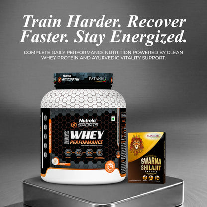 Patanjali Nutrela Sports 100% Whey Protein Chocolate 2KG + FREE Swarna Bhasma Shilajit + (Hand Gripper + Shaker)