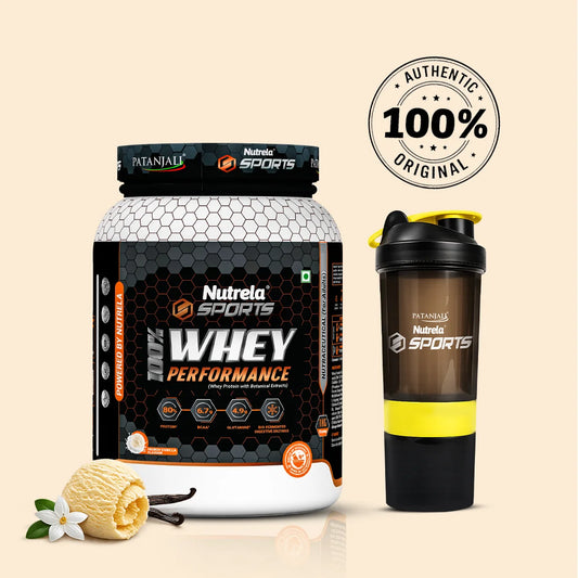 Patanjali Nutrela Sports Whey Performance 1KG – French Vanilla | 24g Protein per Scoop | Muscle Support Nutrition | Premium Swadeshi Protein Supplement