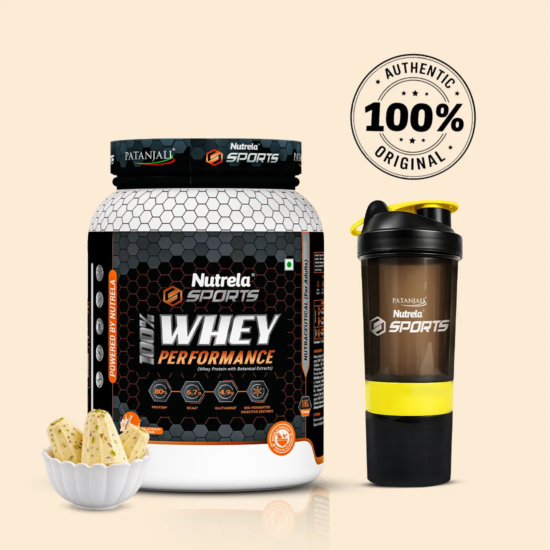 Patanjali Nutrela Sports Whey Performance 1KG – Kulfi Flavour | 24g Protein per Scoop | Enriched with BCAAs & Glutamine for Muscle Recovery | Premium Swadeshi Nutrition Supplement