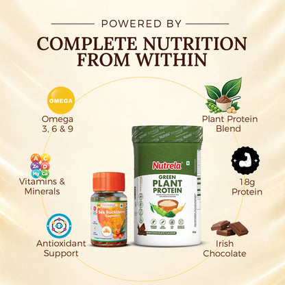 Patanjali Nutrela Green Plant Protein (Chocolate 500g) + Sea Buckthorn Capsules (30 Softgels) Combo | 18g Plant Protein with Omega 3, 6 & 9 | Daily Strength, Stamina & Immunity Pack | 100% Vegetarian