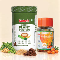 Patanjali Nutrela Green Plant Protein (Chocolate 500g) + Sea Buckthorn Capsules (30 Softgels) Combo | 18g Plant Protein with Omega 3, 6 & 9 | Daily Strength, Stamina & Immunity Pack | 100% Vegetarian