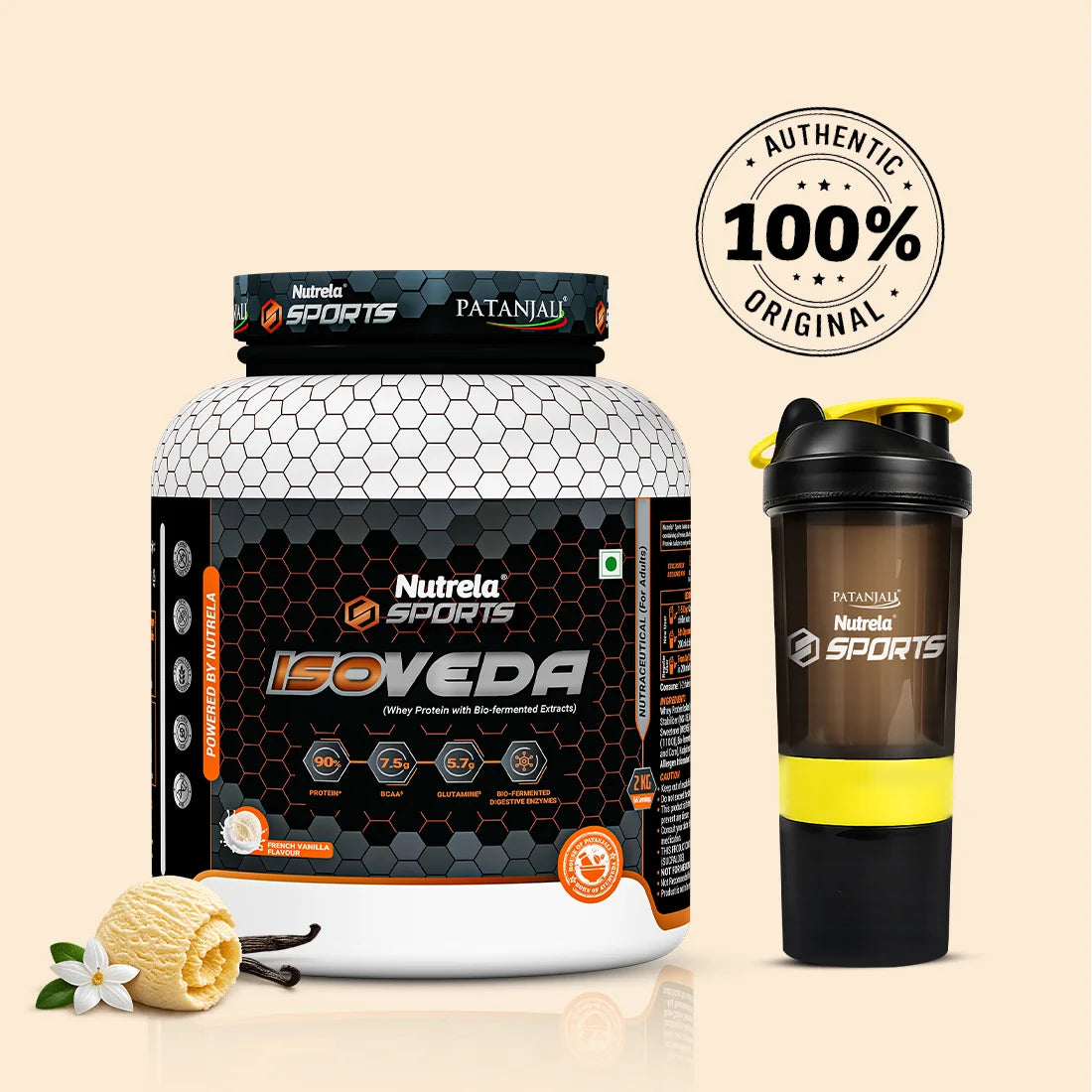 Patanjali Nutrela Sports Isoveda Vanilla - 2KG | Pure Isolate for Peak Training | Swadeshi Daily Performance Protein + FREE SHAKER