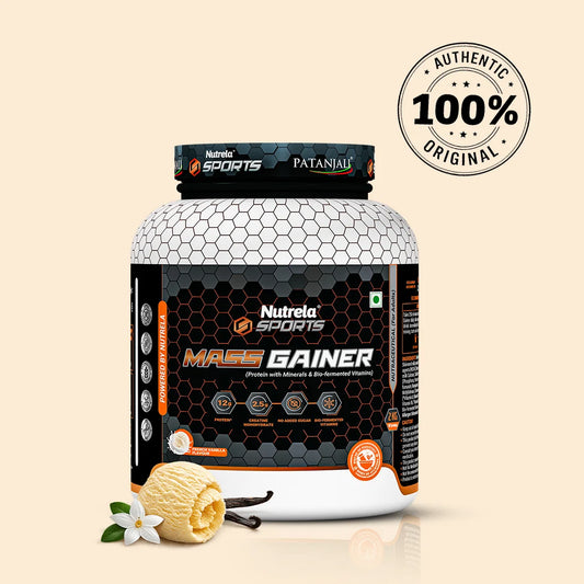 Patanjali Nutrela Sports Mass Gainer – Vanilla (2KG) | Easy-to-Mix High-Calorie Swadeshi Muscle & Weight Gain Formula