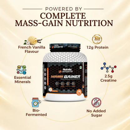 Patanjali Nutrela Sports Mass Gainer – Vanilla (2KG) | Easy-to-Mix High-Calorie Swadeshi Muscle & Weight Gain Formula