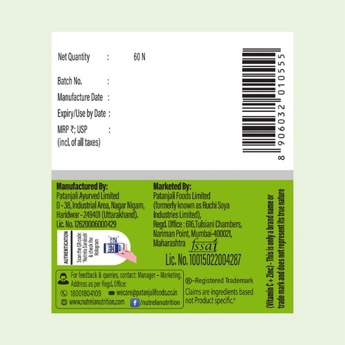 Patanjali Nutrela Vitamin C + Zinc 60 Tablets X 2 (Pack of 2)