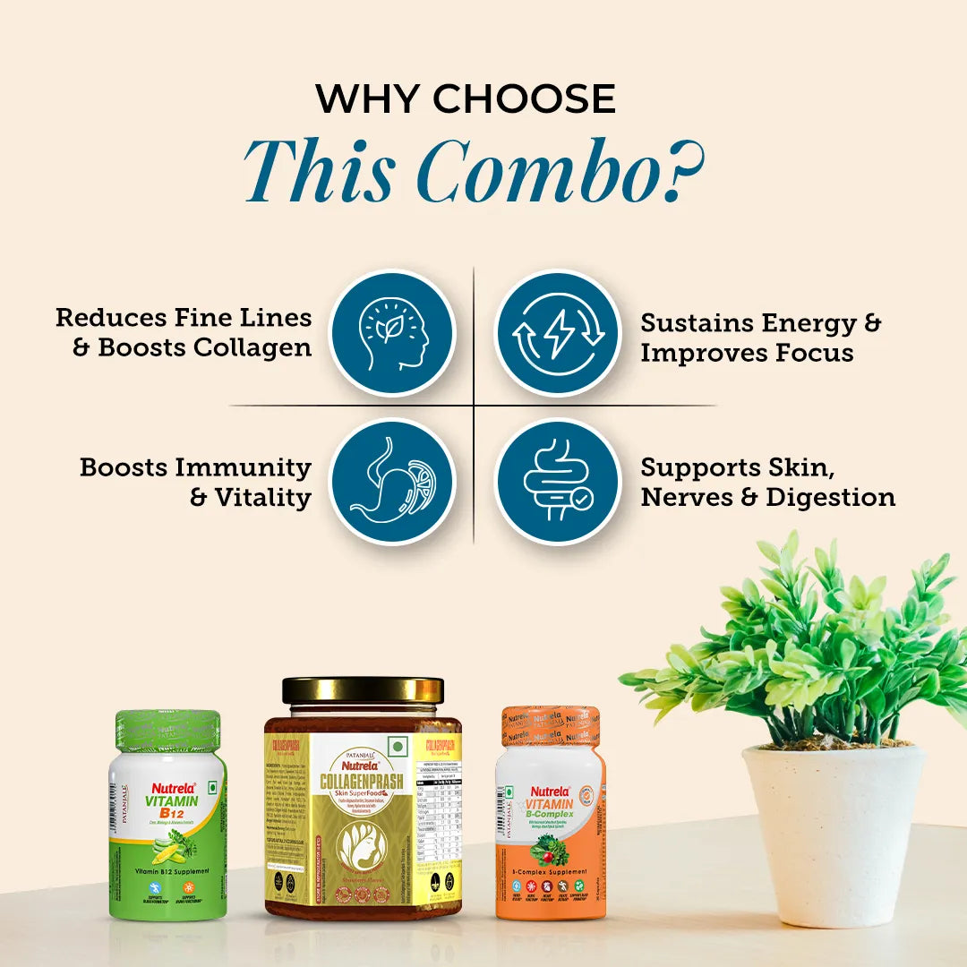 Patanjali Nutrela Collagenprash + B₁₂ + B Complex | Daily Skincare & Energy Combo+ Free Shaker