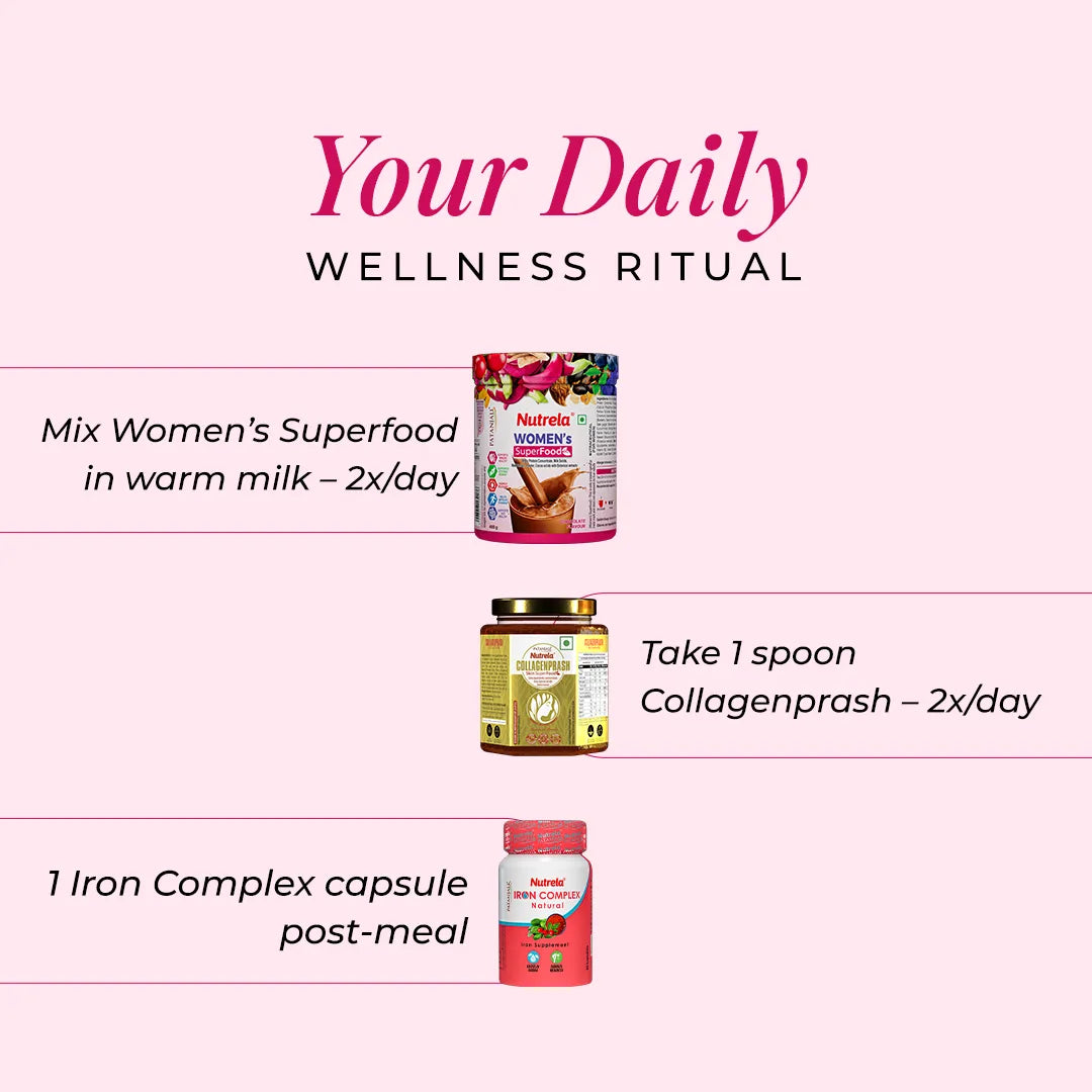 Patanjali Nutrela Collagenprash + Women’s SuperFood + Iron Complex | Skin Repair & Complete Nutrition Combo + Free Shaker