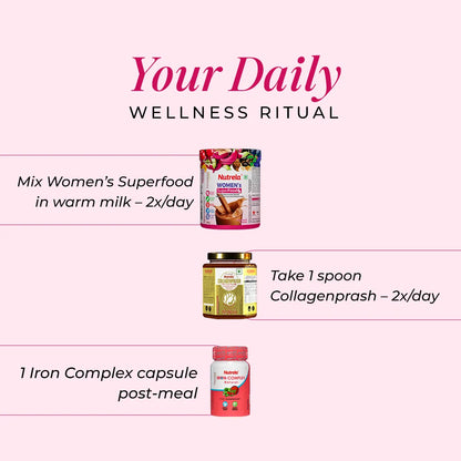 Patanjali Nutrela Collagenprash + Women’s SuperFood + Iron Complex | Skin Repair & Complete Nutrition Combo + Free Shaker