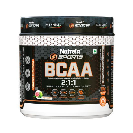 Patanjali Nutrela Sports BCAA 2:1:1 – Spicy Guava (300g) | Swadeshi Muscle Recovery Amino Blend