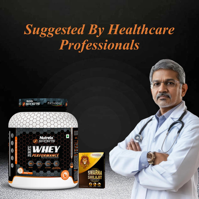 Patanjali Nutrela Sports 100% Whey Protein Chocolate 2KG + FREE Swarna Bhasma Shilajit