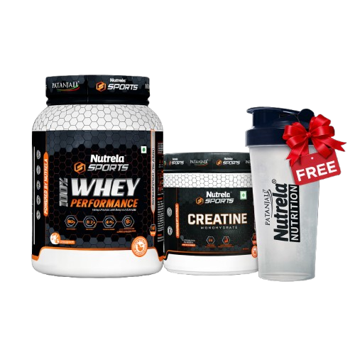 Patanjali Nutrela Sports 100% Whey French Vanilla (1KG) + Creatine Monohydrate (100g) + Free Shaker